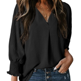 Charming Solid Smocked-Cuff V-Neck Blouse