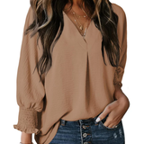 Charming Solid Smocked-Cuff V-Neck Blouse