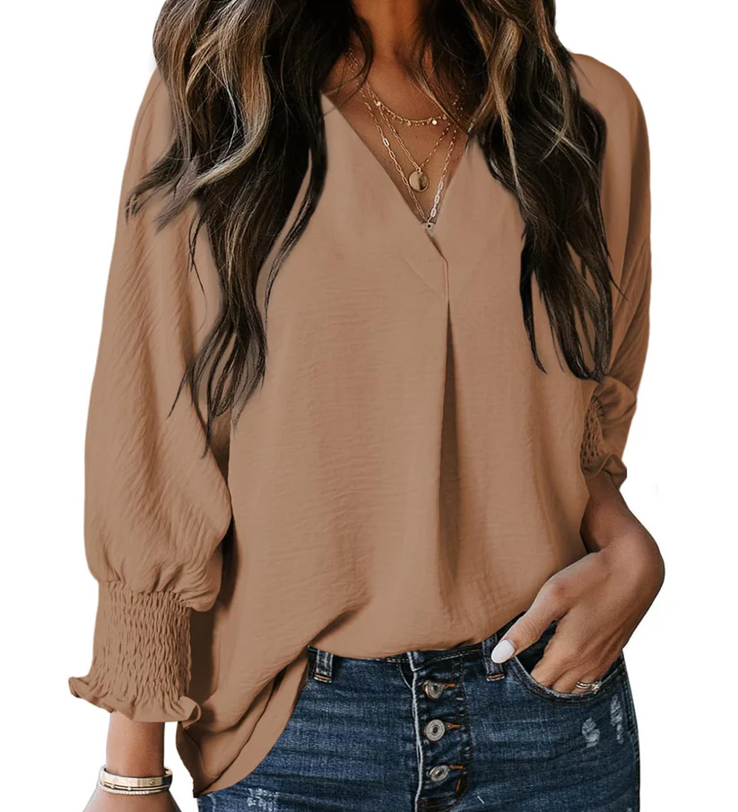 Charming Solid Smocked-Cuff V-Neck Blouse