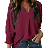 Charming Solid Smocked-Cuff V-Neck Blouse