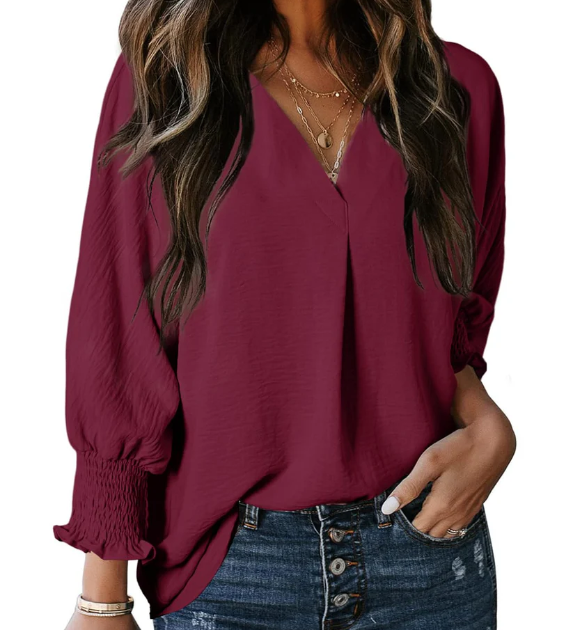 Charming Solid Smocked-Cuff V-Neck Blouse