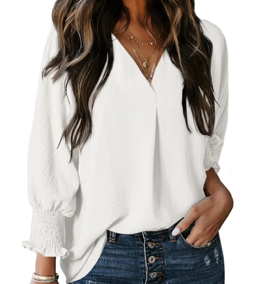 Charming Solid Smocked-Cuff V-Neck Blouse