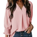 Charming Solid Smocked-Cuff V-Neck Blouse