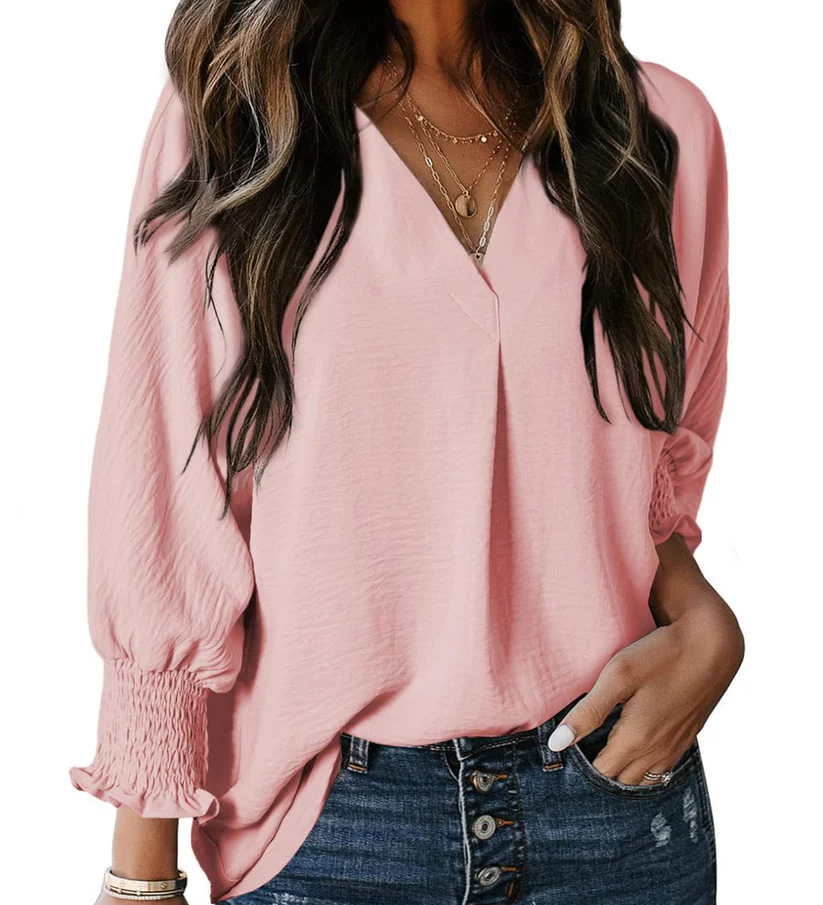 Charming Solid Smocked-Cuff V-Neck Blouse