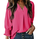 Charming Solid Smocked-Cuff V-Neck Blouse