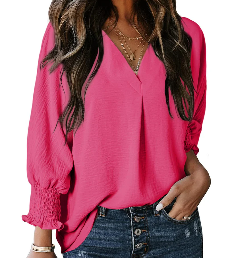 Charming Solid Smocked-Cuff V-Neck Blouse