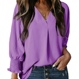 Charming Solid Smocked-Cuff V-Neck Blouse