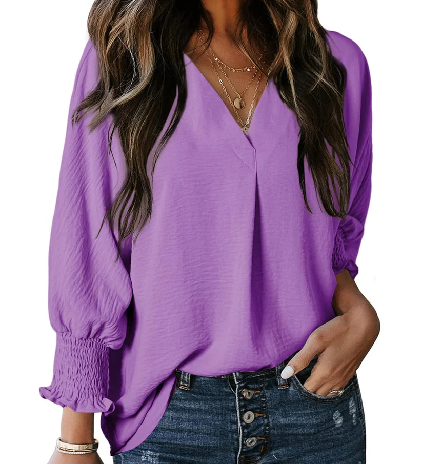 Charming Solid Smocked-Cuff V-Neck Blouse