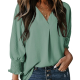 Charming Solid Smocked-Cuff V-Neck Blouse