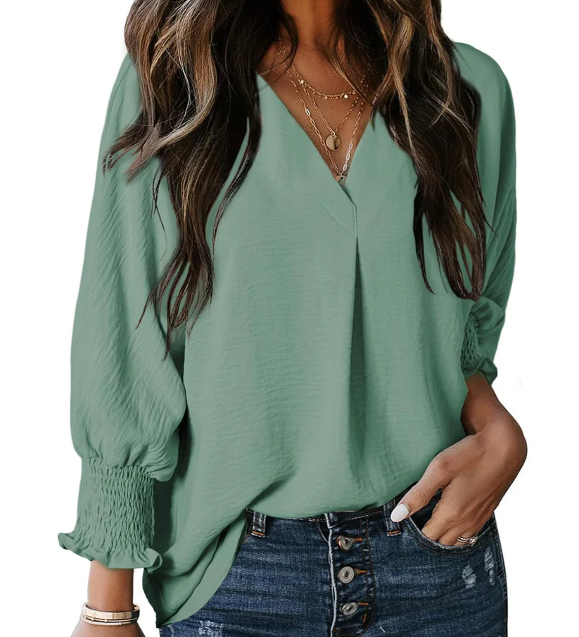 Charming Solid Smocked-Cuff V-Neck Blouse