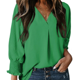 Charming Solid Smocked-Cuff V-Neck Blouse
