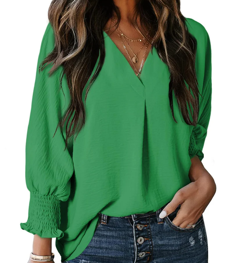 Charming Solid Smocked-Cuff V-Neck Blouse
