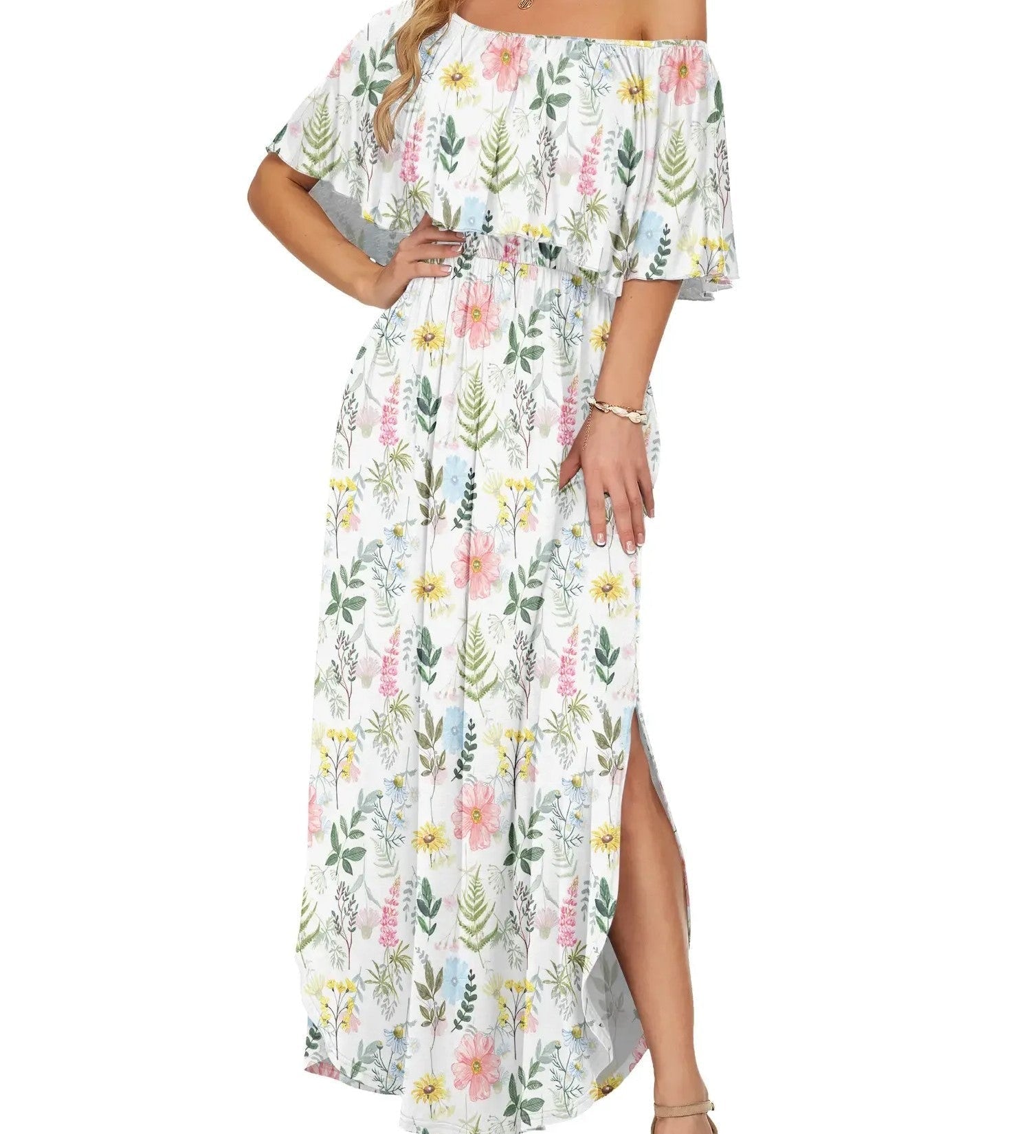 Elegant Off-The-Shoulder Floral Side-Slit Maxi Dress