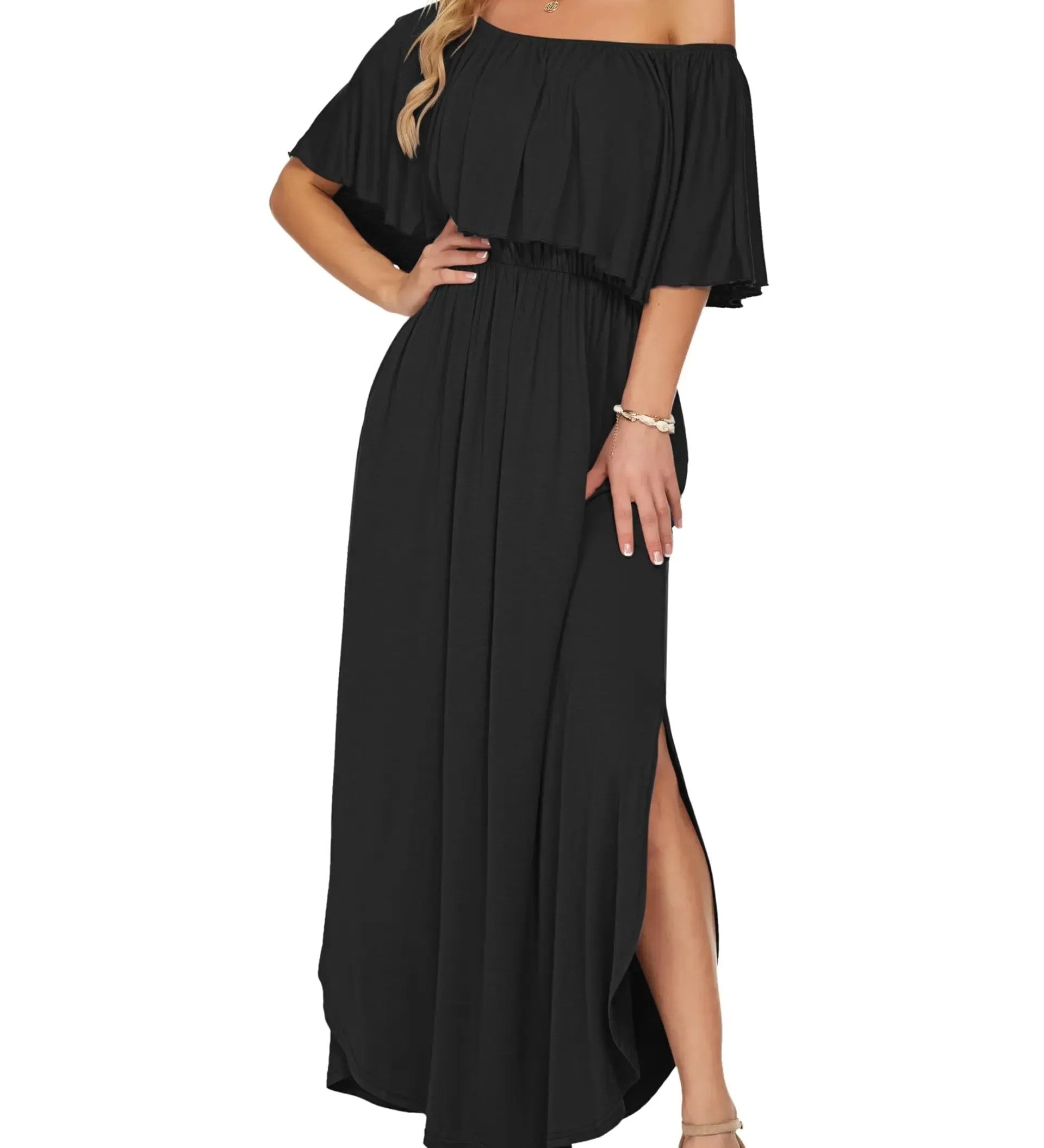 Elegant Off-The-Shoulder Floral Side-Slit Maxi Dress