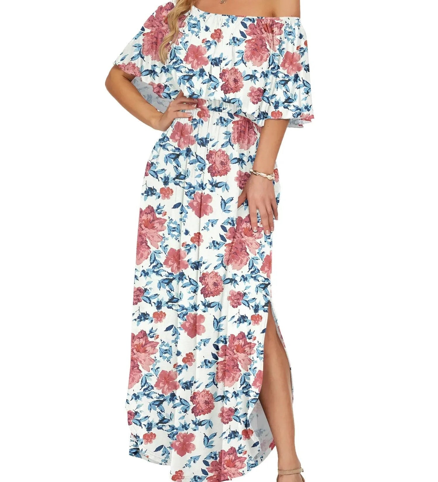 Elegant Off-The-Shoulder Floral Side-Slit Maxi Dress