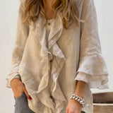 Ruffle-Front Linen Boho Blouse