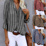 Women‘s Long Sleeve Blouse Ladies Fashion V-Neck Stripe Shirt
