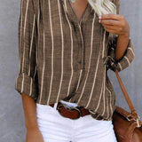 Women‘s Long Sleeve Blouse Ladies Fashion V-Neck Stripe Shirt
