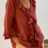Ruffle-Front Linen Boho Blouse