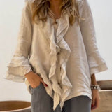 Ruffle-Front Linen Boho Blouse