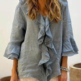 Ruffle-Front Linen Boho Blouse