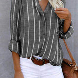 Women‘s Long Sleeve Blouse Ladies Fashion V-Neck Stripe Shirt