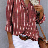 Women‘s Long Sleeve Blouse Ladies Fashion V-Neck Stripe Shirt