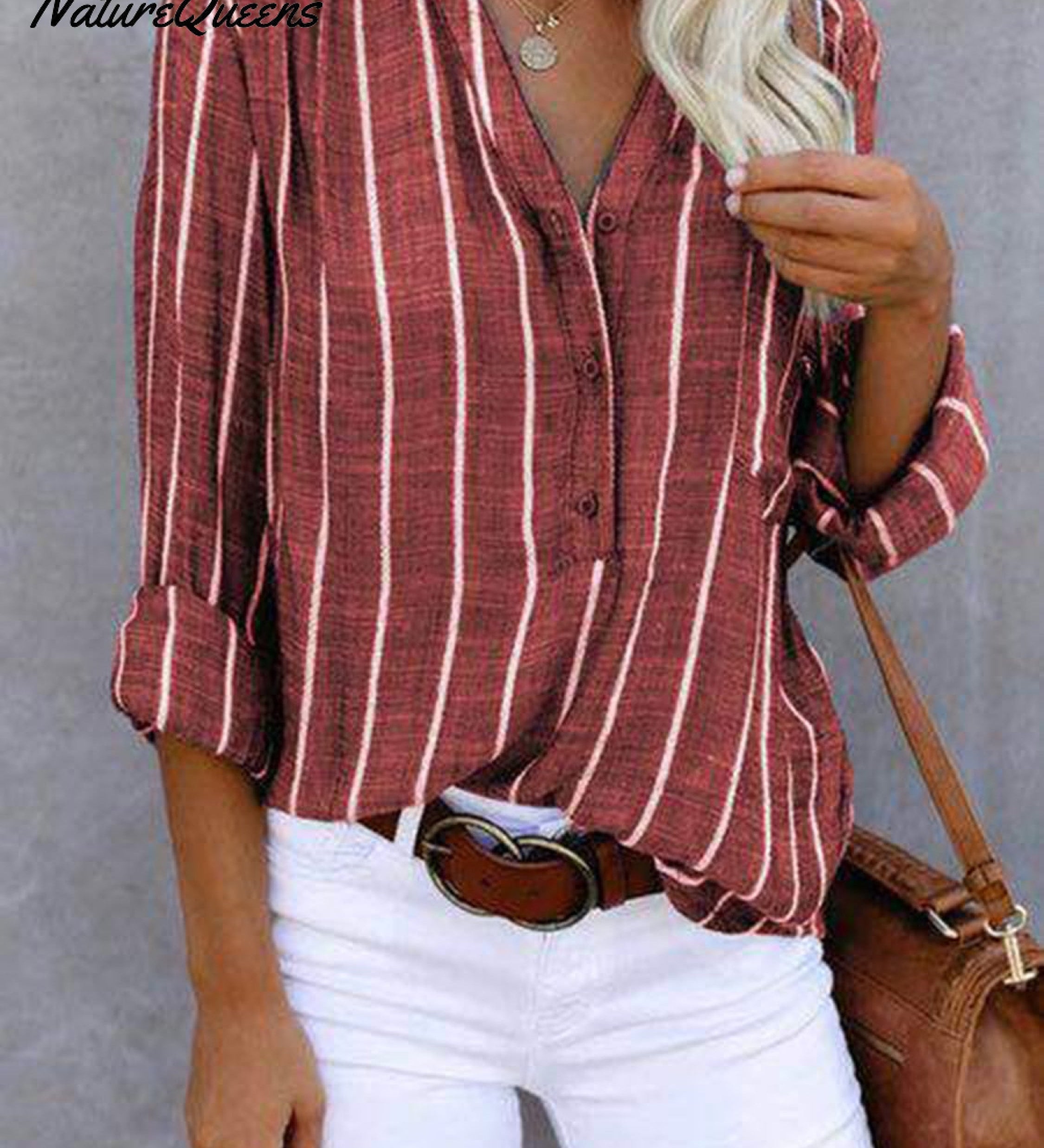 Women‘s Long Sleeve Blouse Ladies Fashion V-Neck Stripe Shirt