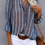 Women‘s Long Sleeve Blouse Ladies Fashion V-Neck Stripe Shirt
