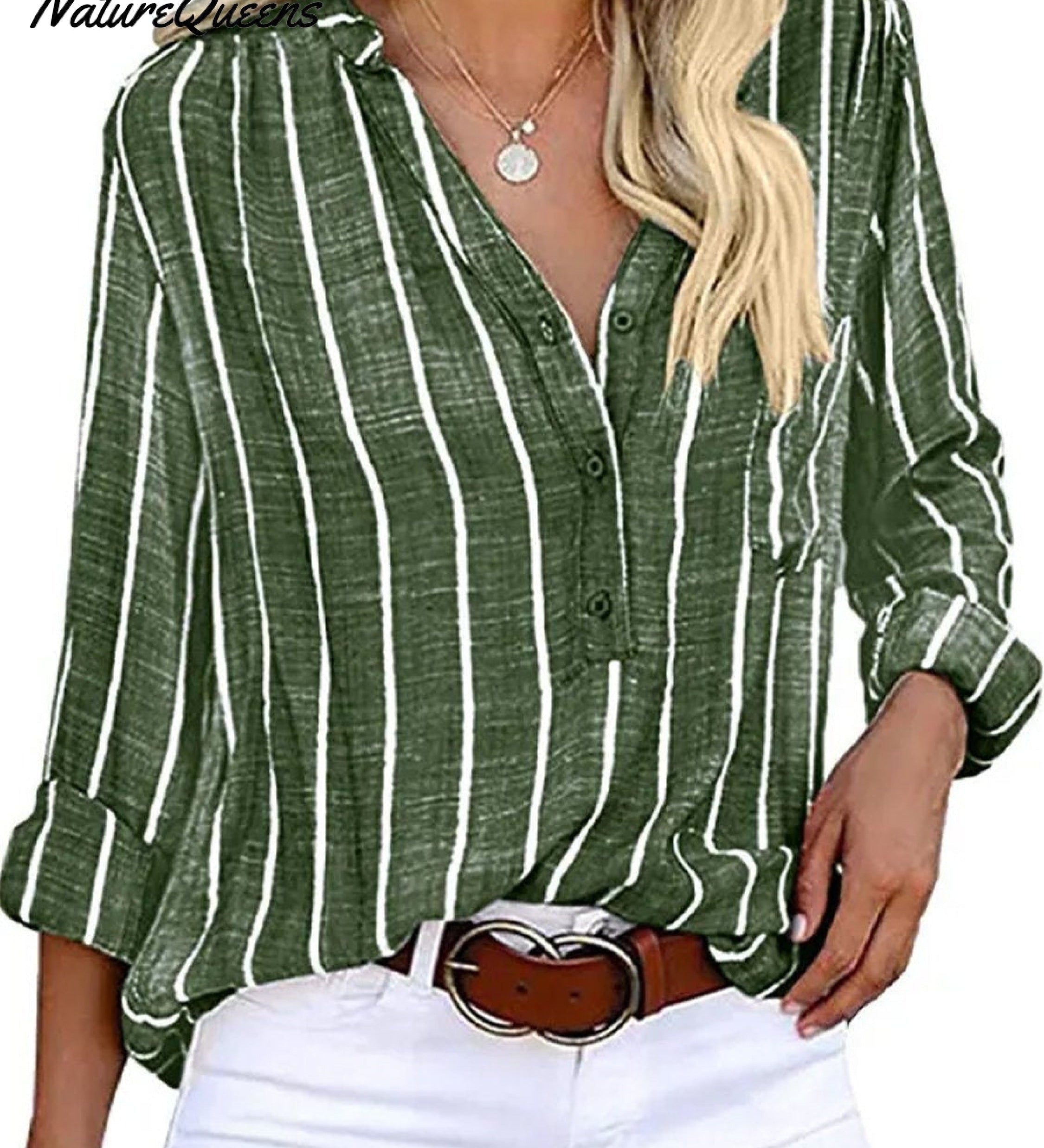 Women‘s Long Sleeve Blouse Ladies Fashion V-Neck Stripe Shirt