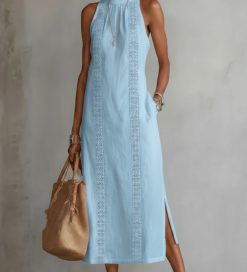 Lace-Trim Boho Halter-Neck Slit Maxi Dress