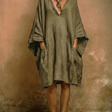 Batwing Sleeve Boho Linen V-Neck Dress
