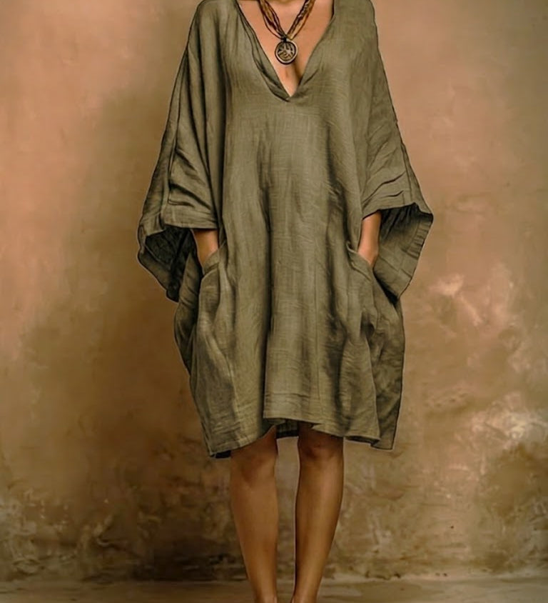 Batwing Sleeve Boho Linen V-Neck Dress