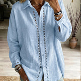 Eyelet-Trim Casual Linen Button-Down Shirt