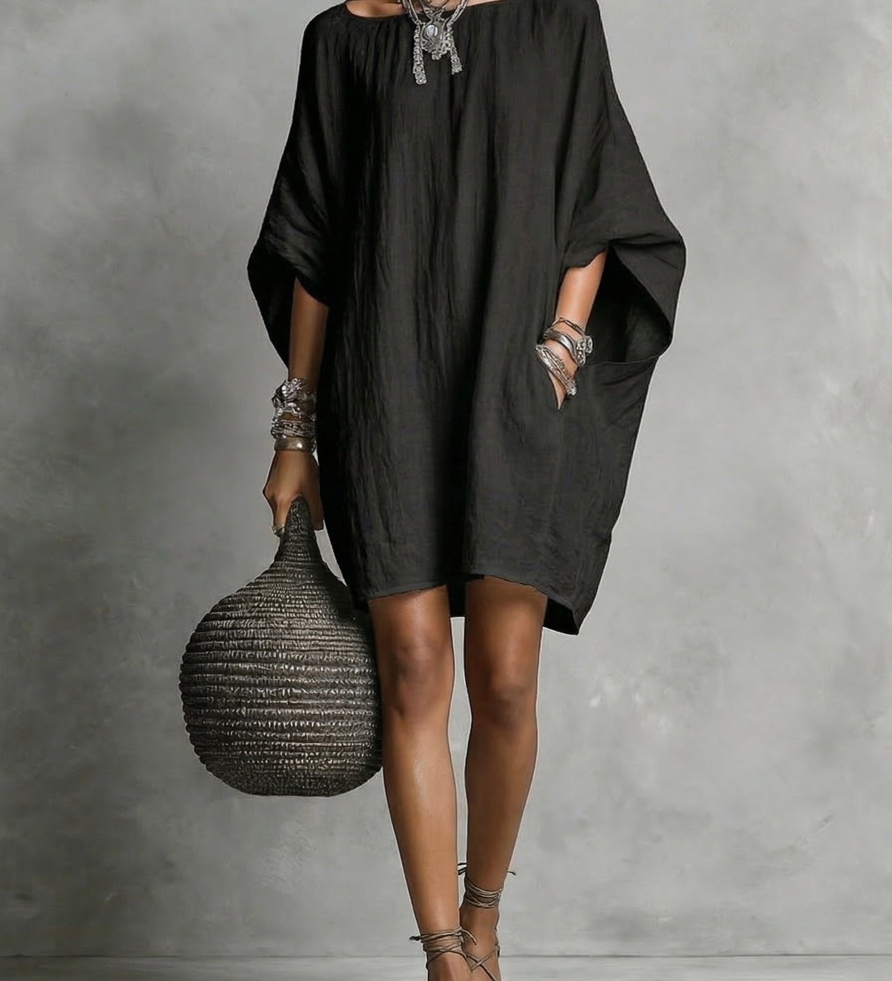 Artistic Solid Batwing-Sleeve Relaxed Dress