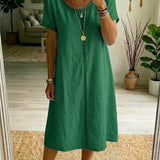 Eyelet-Trim Casual Linen Midi Dress
