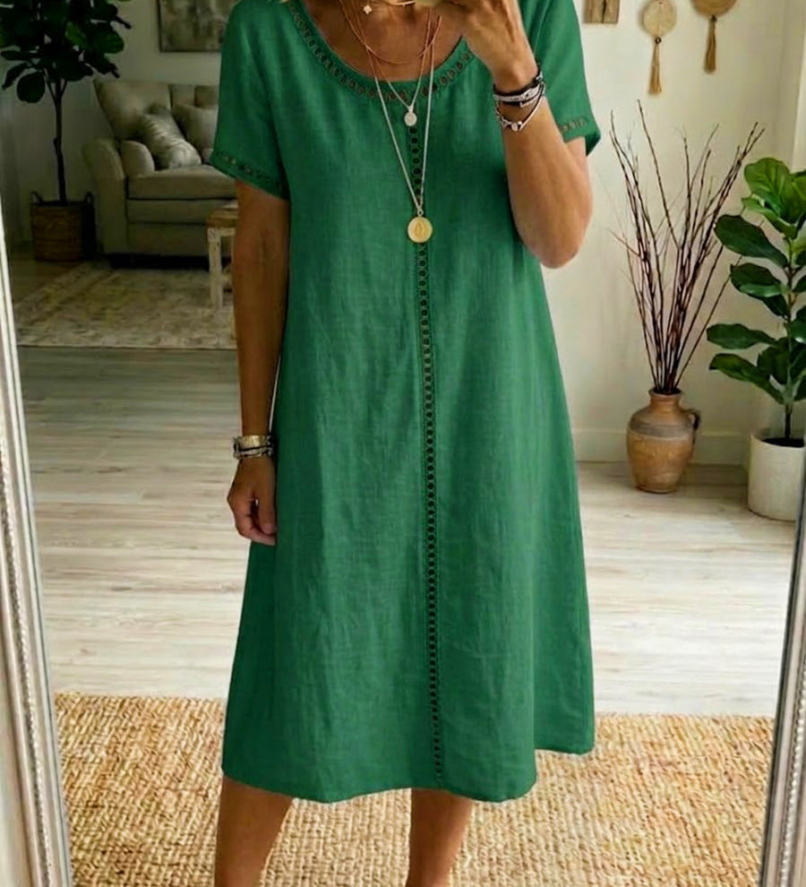 Eyelet-Trim Casual Linen Midi Dress