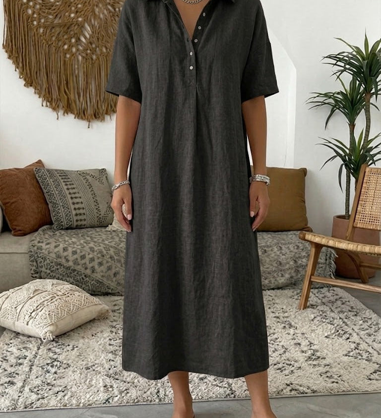 Polo Collar Casual Linen Maxi Dress