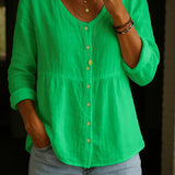 Comfortable Solid Button-Front Relaxed Blouse
