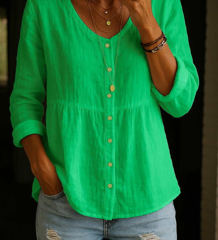 Comfortable Solid Button-Front Relaxed Blouse