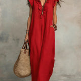 Ruffle-Trim Boho Linen Sleeveless Maxi Dress