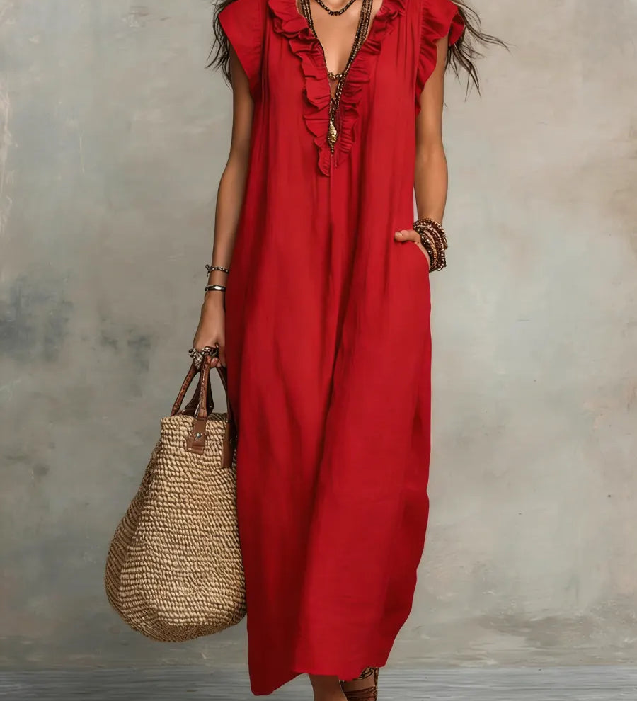 Ruffle-Trim Boho Linen Sleeveless Maxi Dress