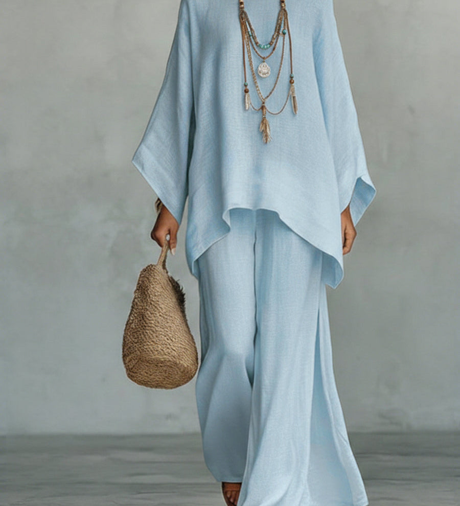 Batwing Linen Boho Wide-Leg 2-Piece Set
