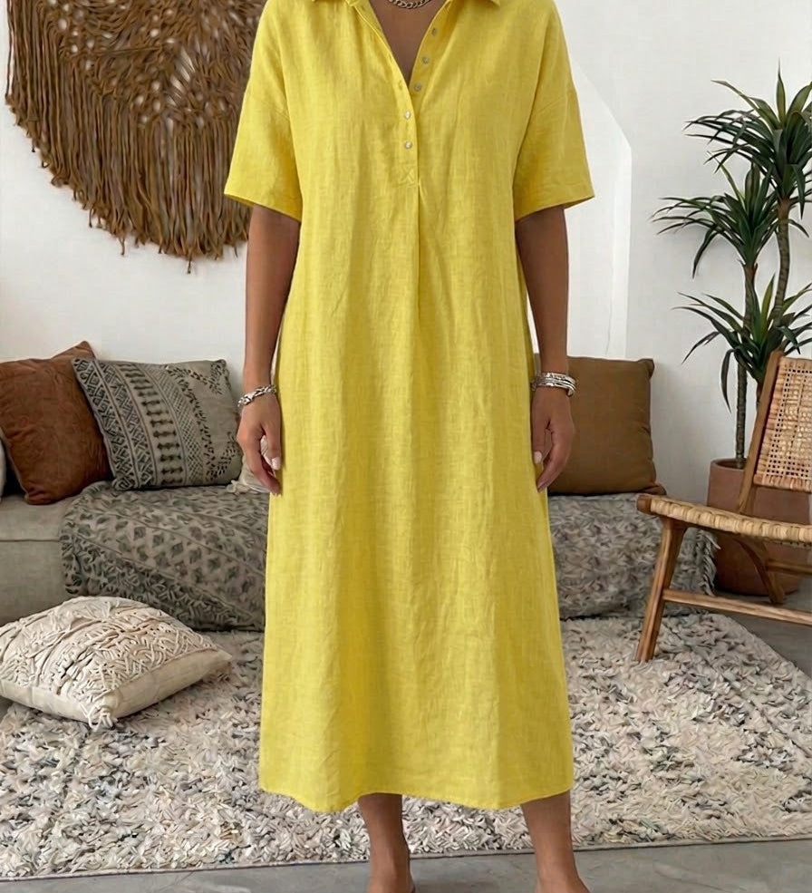 Polo Collar Casual Linen Maxi Dress