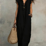Ruffle-Trim Boho Linen Sleeveless Maxi Dress