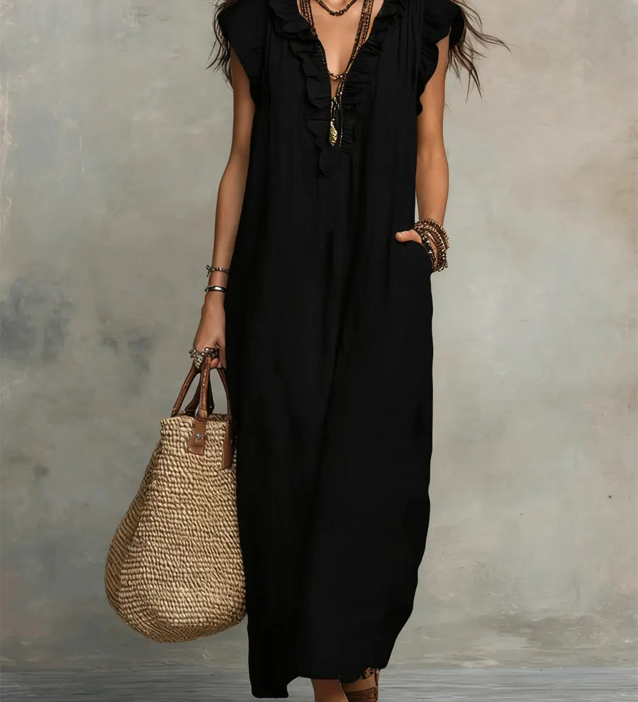 Ruffle-Trim Boho Linen Sleeveless Maxi Dress