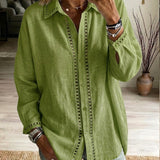 Eyelet-Trim Casual Linen Button-Down Shirt