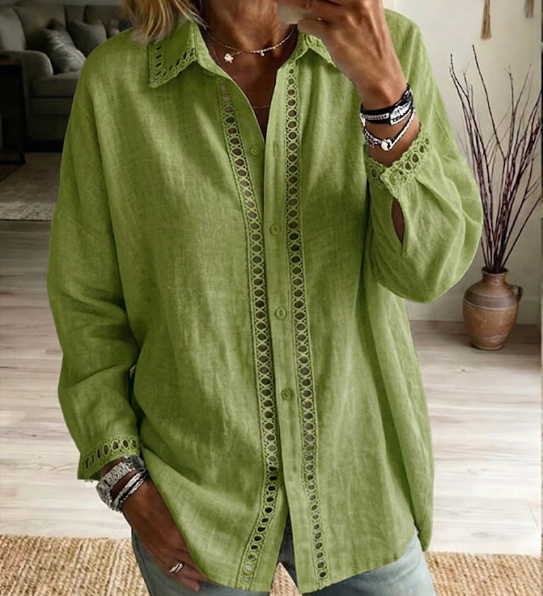 Eyelet-Trim Casual Linen Button-Down Shirt