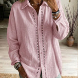 Eyelet-Trim Casual Linen Button-Down Shirt