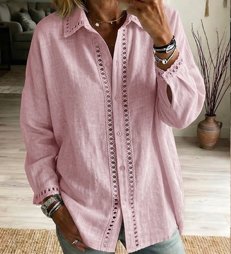 Eyelet-Trim Casual Linen Button-Down Shirt